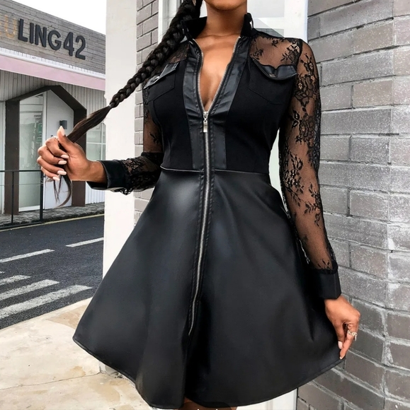 SOLD!!!Women's Sexy Zippered Leather & Lace Print Maxi, Mini Dress - Picture 2 of 5